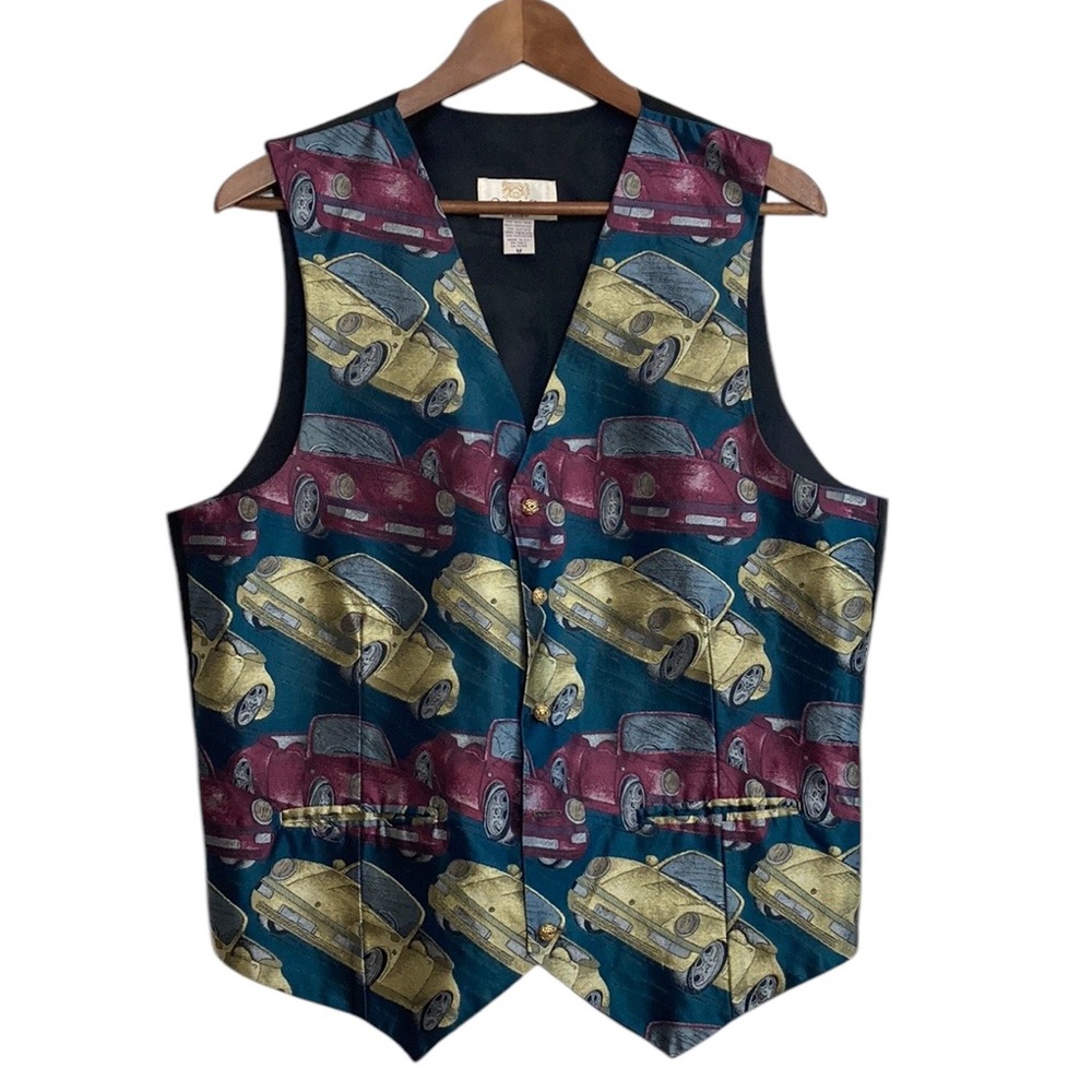 Vintage Silk Waistcoat Mens Medium Black Blue Old Fashioned Cars 80s 90s Vest